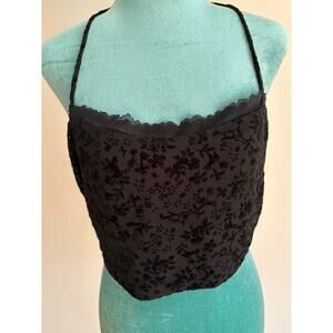 Princess Polly Burnout Velvet Floral Halter Top Black Lace Trim US 10 Goth crop